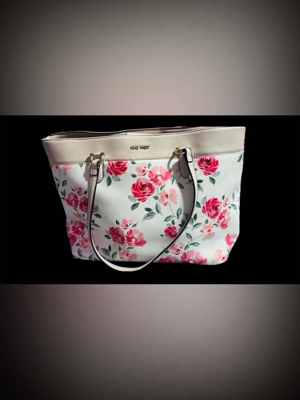 Nine West Floral Cream Tote with Pink Roses